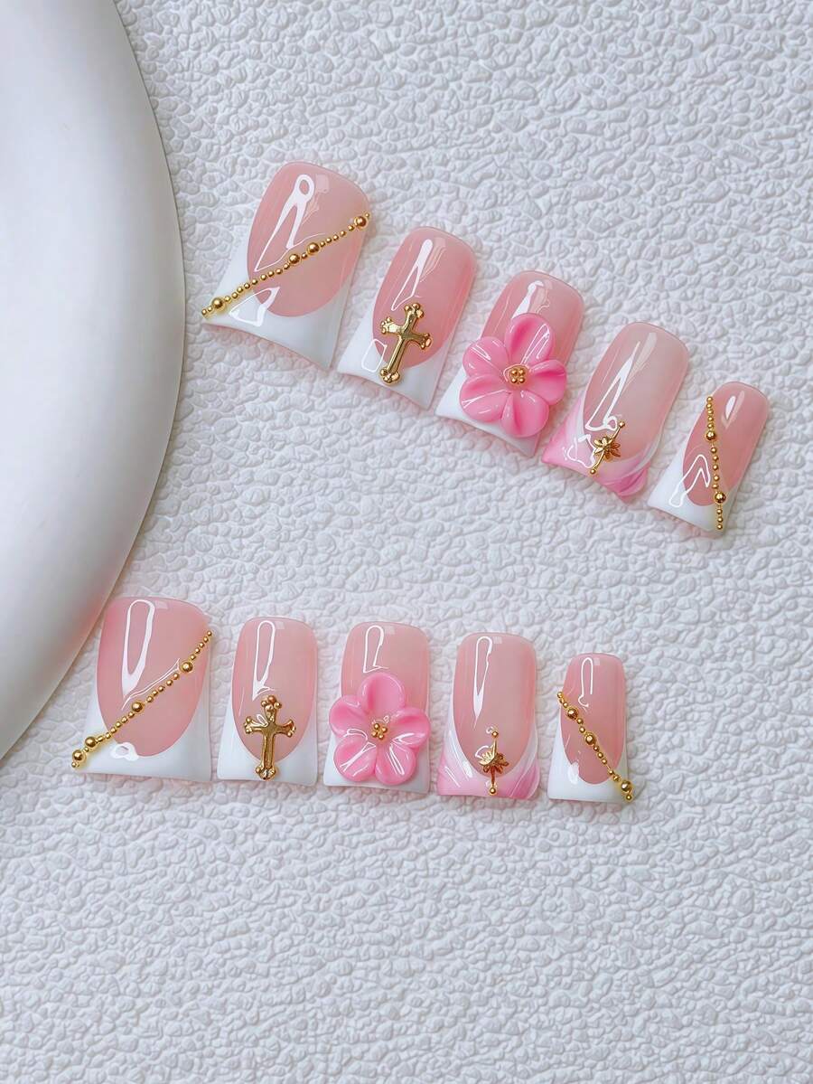 10片装Y2K风鸭嘴美甲贴片套装 - 手工制作，包含白色美甲、粉色美甲、白粉法式渐变美甲、手工3D立体花朵美甲、3D粉色立体花朵美甲、手绘3D水滴设计、闪亮金色十字架和金色星星装饰 - 彩色 - 查看 1