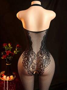 女士性感吊带背心 | 露背细肩带无裆设计 | 高弹尼龙和氨纶混纺 | 黑色网眼图案 | 镂空细节 | 弹力不透 | 手洗 | 成人贴身衣物，适合夜店穿着 - 黑色 - 查看 3