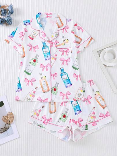 Marira 2pcs Wearable Women Pajama Set, Beverage & Bow Print, Soft Fabric, Short Sleeve Shirt Collar Button Top And Elastic Shorts, Stylish Sleepwear For Holiday Party, Casual Outdoor & Indoor Loungewear