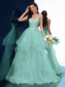 梦幻派对女士正式礼服，优雅夏季晚礼服，适合毕业典礼、生日派对、舞会、宴会、红毯等场合，纯色贴花无袖层叠下摆及地长裙，适合婚礼等春季场合。 - 薄荷藍 - 查看 6