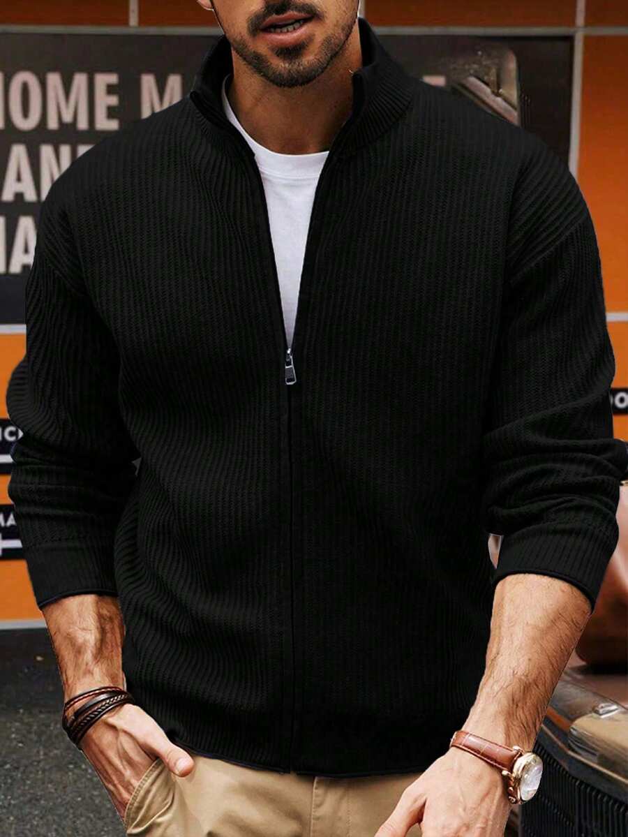 Men's Cardigan Full Zipper Sweater Casual Slim Fit Stand Up Collar Knitted Cardigan - Black - View 1