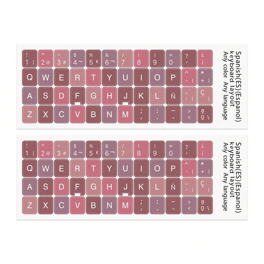 2张多风格西班牙语自粘贴纸 | 采用彩色网格、渐变色和对比图案设计 | 适用于笔记本电脑键盘 | 耐刮擦、耐磨损、移除后不留残胶 | 用于清晰标记信息和装饰设备 | 适用于办公室、学习和日常使用场景