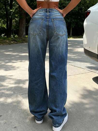 女士复古宽松男友直筒牛仔裤