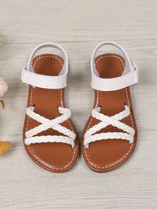 1 Pair Girl's Summer PU Woven Strap Sandals, Breathable Lightweight Hollow Casual Beach Vacation Shoes, Cute College Style Classic - Beige - View 4