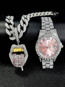 European And American Hip-Hop Style Jewelry Set For Men, Including Pink Sexy Tongue Lips Pendant, Butterfly Pendant, Heart Wing Pendant Paired With Pink Watch, Ideal Gift For Festivals And Parties - Pink - View 8