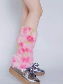 1双女士毛绒腿套，25厘米彩虹豹纹Y2K风格腿套，适合派对穿着，舒适保暖 - 彩色 - 查看 7