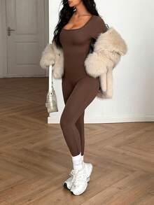 AiTyi 女士连体裤，修身休闲日常褶皱露背镂空舒适时尚性感修身户外运动百搭款，适合毕业、返校、圣诞节、新年、秋冬季针织长袖连体裤 - 棕色 - 查看 5