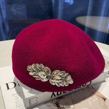 1 Piece Retro Rhinestone Flower Beret - Hepburn Style Newsboy Cap For Women, Face-Slimming Painter Hat Suitable For Reverse Wear, Autumn & Winter Fashion, Suitable For Daily Wear, Valentine's Day Gift, Holiday Gift, Birthday Gift For Girlfriend & Friends, Fashionable Elegant Cute Unique Niche - 卡其(秋冬) - 查看 7