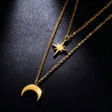 1 Set Collar de capas de oro para mujer, colgante de estrella & luna, chapado en oro de 18K, adecuado para regalos, accesorio de collar exquisito para uso diario & festivo - Dorado - Ver 2