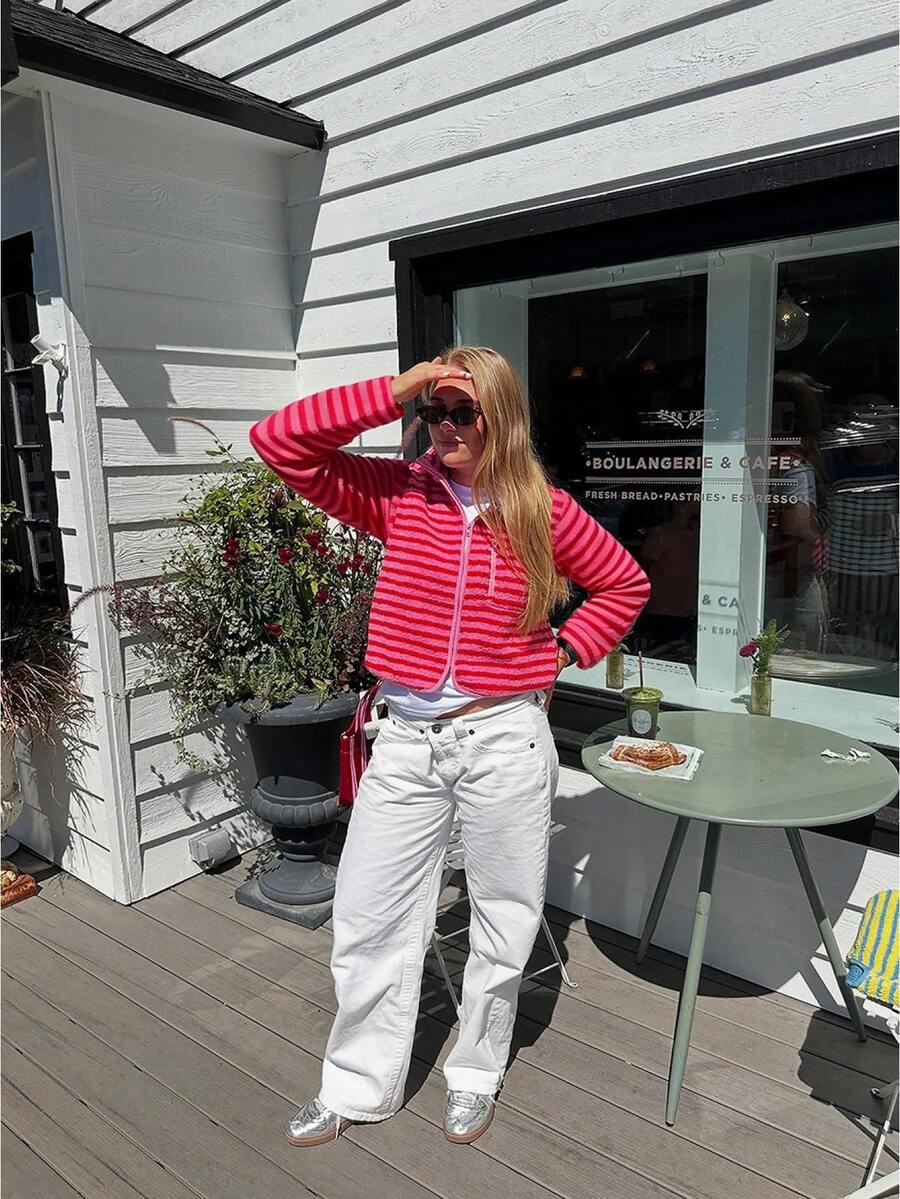 Womens Winter Fleece Jacket Casual Stylish Striped Zip Up Lapel Neck Long Sleeve Coat - 粉色 - 查看 1
