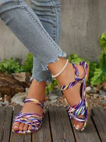 女士新款圆头套脚平底拖鞋，简约搭扣平底凉鞋，时尚简约平底凉鞋，舒适休闲旅行沙滩鞋，有白色、棕色、黑色、豹纹、花卉图案可选 - 彩色 - 查看 4