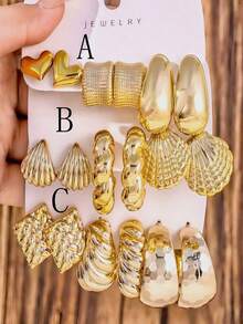 3件套极简流苏C形水滴珠耳环，时尚创意 - 金色 - 查看 5