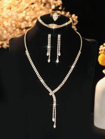 Women's Jewelry Set - Luxury Elegant Transparent Crystal Rhinestone Encrusted Teardrop Main Stone Tassel 4-Piece Jewelry Set, Suitable For Evening Gowns, Weddings, Parties, New Year Gifts, Confessions, Surprises, Campus Romance, Proposals, High-End Bridal Accessories