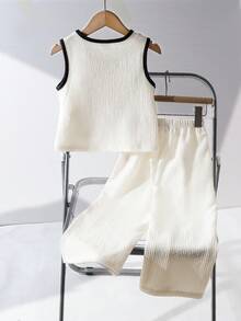 2pcs/Set Young Girls Casual Minimalist Black & White Patchwork Bow Decor Sleeveless Top And Pants Set, Spring/Summer/Autumn - Apricot - View 7