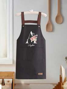 1pc Customized Floral & Alphabet A-Z Print Apron With Large Pocket, Waterproof, Stain & Oil Resistant. This Personalized Kitchen Cooking Apron With Adjustable Neck And Waist, Suitable For Cooking And Grilling, Great Gift For Christmas And Thanksgiving, Unisex. - Multicolor - View 11