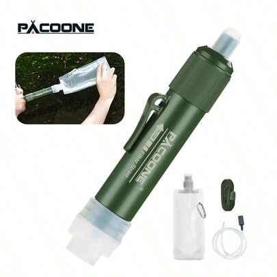 Pajita purificadora de agua mini para camping PACOONE, filtro de carbono TUP, bolsa de agua para supervivencia o suministros de emergencia