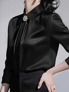 Women's Solid Color Collared Long Sleeve Shirt, Fashionable Elegant Office Commute Versatile Long Sleeve Blouse Black Spring - Black - View 3