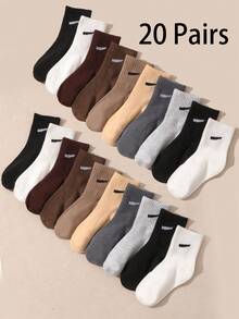 10 Pairs Kids' Solid Color Elastic Mid-Calf Casual Comfortable Sports Socks, Autumn/Winter