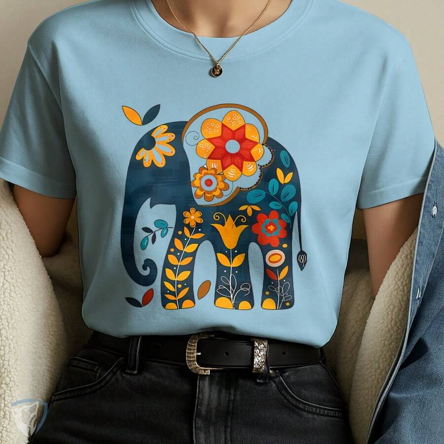 Camiseta Floral Elefante – Moda Aesthetic com Arte Boho Criativa - Azul bebê - Visão 1