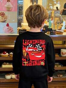 Disney "Cars"  Children's Hoodie: Red And White Racing Elements Restore The Classic Animation, Front And Back Prints, Suitable For Both Boys And Girls, Perfect For Festivals, Machine Washable, Casual And Versatile. - 黑色 - 查看 2