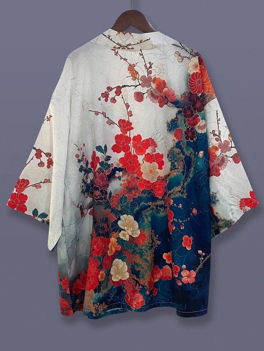 日式羽織開襟衫,極簡復古櫻花印花,寬鬆和服式長袍,中性情侶款,表演服裝 白色 - 白色 - 查看 1
