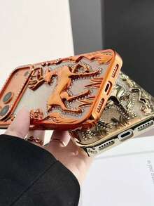 1pc Fashionable Electroplated Gradient Glitter 3D Rhinestone Deer Pattern Shockproof Phone Case Protective Cover Compatible With Apple 17 Pro Max, 16, 15, 14, 13, 12, 11 Series - Burnt Orange - View 3