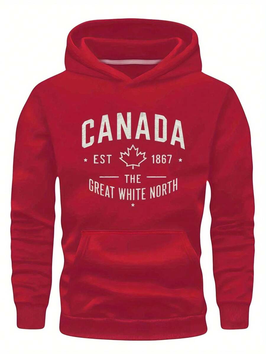 Sudadera con capucha oversize para hombres con diseño de hoja de arce canadiense y patrón de "Gran Norte Blanco" - Negro, sudadera casual de corte holgado, lavable a máquina, cómoda para uso diario, ropa con temática canadiense, tela no elástica, talla grande. - Blanco - Ver 1