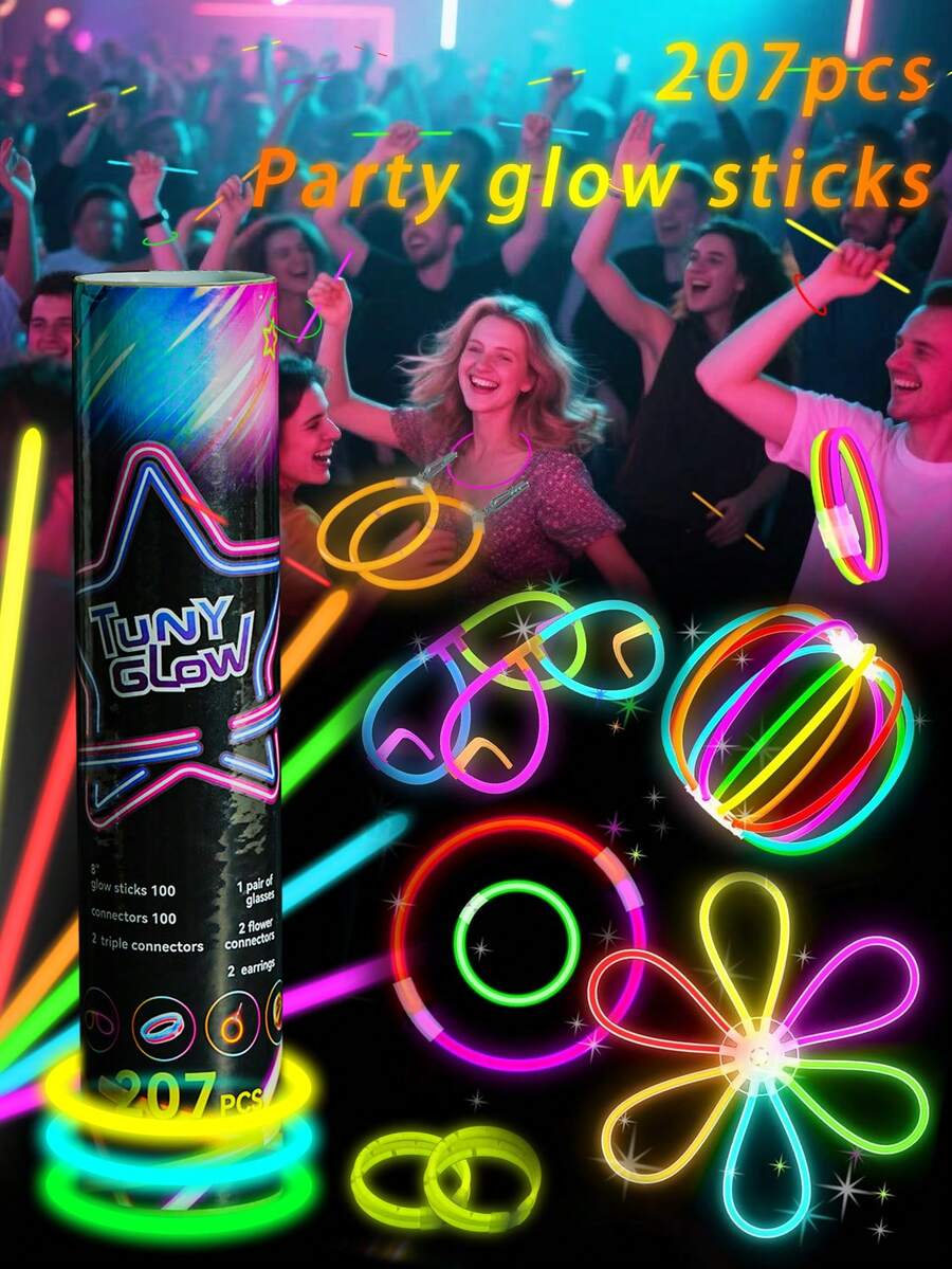 207支/套荧光棒派对礼品。这些超亮荧光棒可用于装饰各种嘉年华派对用品，在黑暗中可持续发光10-12小时。可DIY制作成手链、派对杯、项链、耳环、气球等。适用于婚礼、情人节装饰、派对、聚会、酒吧、节日、生日、夜店、音乐会、生日装饰、婚礼装饰、结婚礼物等各种场合。