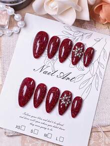 10pcs Handmade Almond Shaped Nail Art, Colors Red With Glitter, White Cat Eye Rhinestones And DIY Snowflake Decorations. Bright Red Nails Are Simple, Elegant, Fashionable And High Quality. Suitable For Mature And Youthful Styles, Perfect For Any Occasion, Easy To Remove/Press-On Nail Stickers. - Red - View 4