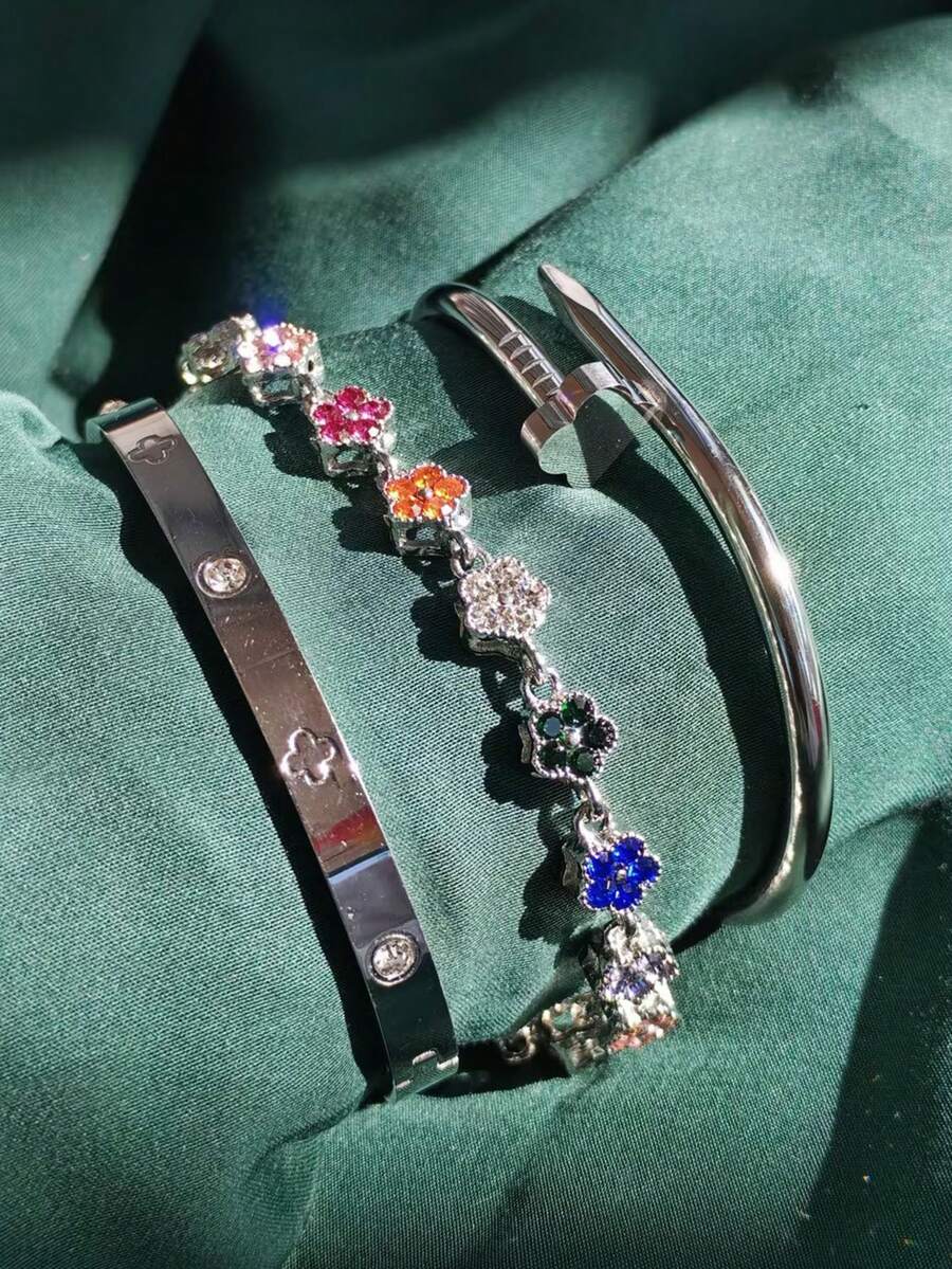 1/3件套奢华不锈钢四叶草手镯套装，复古花卉链条手链首饰套装，适合女性日常佩戴、送礼、派对、时尚圣诞礼物 - 銀色 - 查看 1