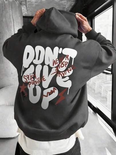 Men's Casual Fashionable "Don't Give Up" Slogan Print Kangaroo Pocket Drawstring Hoodie, Thermal Lined, Autumn/Winter