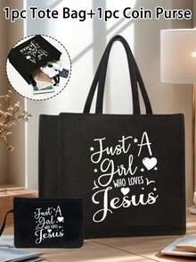 一套轻便手提包和化妆包，女士大容量亚麻托特包 - 简约“Just A Girl Who Loves Jesus”英文字母、心形和十字架图案，基督教主题大容量购物袋，创新设计，宽敞便携休闲手提包 - 彩色 - 查看 6