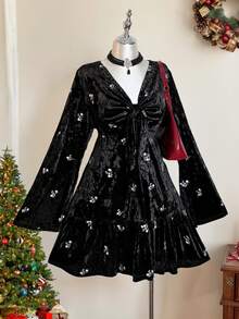 Rusttydustty Damen Große Größen Boho Tee-Party Alltags Nationalität Urlaubs Schwarzes Samt Mini-Kleid mit Blumenstickerei, Bindedetail, A-Linie Langarm Kleid für Cyber Monday, Weihnachten, Thanksgiving, Silvester Partys