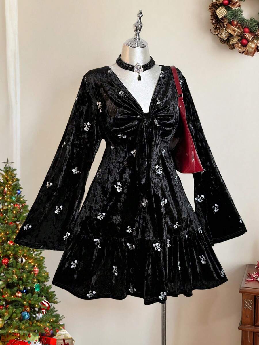 Rusttydustty Damen Große Größen Boho Tee-Party Alltags Nationalität Urlaubs Schwarzes Samt Mini-Kleid mit Blumenstickerei, Bindedetail, A-Linie Langarm Kleid für Cyber Monday, Weihnachten, Thanksgiving, Silvester Partys