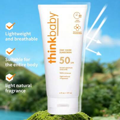  Thinkbaby 广谱高倍防晒儿童防晒霜，1瓶，177毫升，SPF50+，氧化锌物理防晒配方，防水防汗80分钟，适合6个月以上敏感肌肤儿童