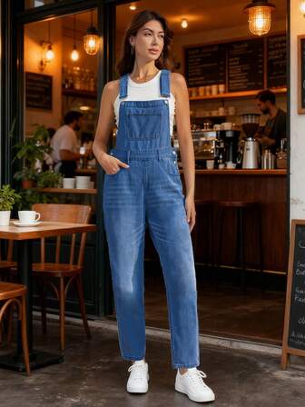 欧美时尚宽松蓝猫须印花无袖长款牛仔哈伦裤女舒适春夏