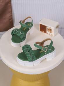 1 Pair Children's PU Leather Thick Sole Slippers, Fashionable & Minimalist, Suitable For Summer - Green - View 4