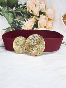1pc Plus Size Women's Elegant Gold Elastic Waist Belt, Burgundy Buckle Waist Belt, Suitable For Coats, Dresses, Casual Wear, Parties, Daily Commute, Casual Outings, Holidays, Dates, Music Festivals, Campus, Christmas