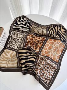 1条奢华品牌豹纹围巾，女士仿丝围巾，休闲百搭装饰小围巾 - 焦糖框 - 查看 2