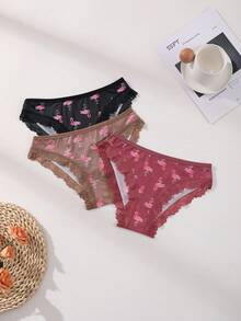 3 PCS Sexy Lace Ice Silk Splicing Triangle Panties Low Waist Seamless Women's Briefs Flamingo Print Comfortable Underwear Romantic Lingerie - Multicolor - View 3