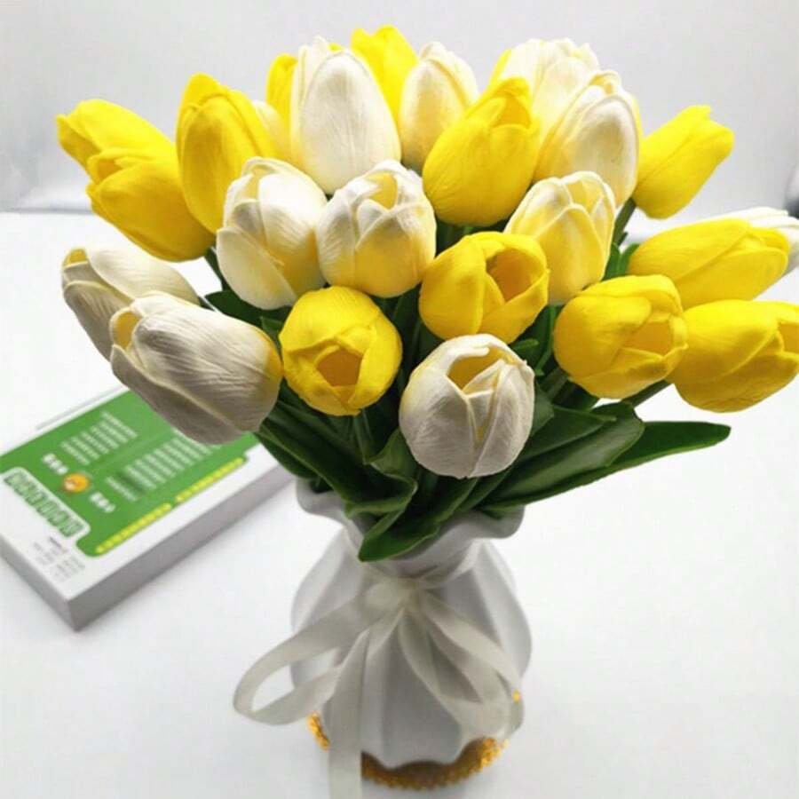 15pcs/20pcs High End PU Yellow Simulated Tulip Bouquet For Home Living Room Photography, Decoration, Biomimetic Artificial Flowers, Dry Flower Arrangement - White Yellow - View 1