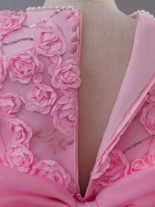 Girls Floral Puffy Cake Dress Princess Dress With Trailing Skirt, Flower Girl Dress For Wedding, Birthday Party, Runway Show, Piano Recital, Evening Gown - 粉色 - 查看 10