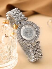 6pcs Set Rhinestone Gold Bangle & Quartz Watch Set, Chain Bracelet Watch For Women, Personalized Luxury Gift - Silver - View 4