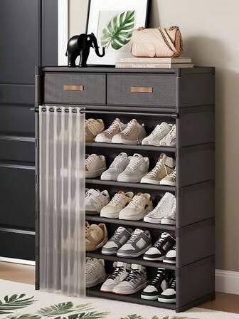1pc Multi-Tier Dust-Proof Shoe Rack, Shoe Cabinet, 23.62 Inches Wide, Storage, Shelving Unit With Curtain, High Capacity Shoe Organizer For Entryway, Home, Indoor, Holiday Gift, Valentine's Day Gift, Kids Gift