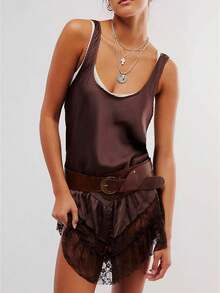 Women's Summer Sleevelesss Dress Lace Patchwork Deep U-Neck Backless Mini Loose Dress - 咖啡 - 查看 1