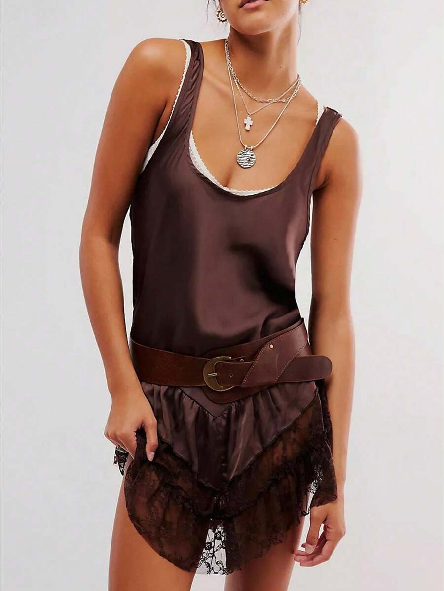 Women's Summer Sleevelesss Dress Lace Patchwork Deep U-Neck Backless Mini Loose Dress - 咖啡 - 查看 1
