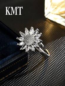 KMT 1pc Copper Zirconia 5-Petal Flower Rotatable Stress Relief Luxury Fashion Open Ring Gift Box For Women - Sunflower - View 7