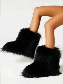 Women's Faux Fur Boot Furry Fluffy Round Toe Suede Winter Comfy Plush Warm Short Outdoor Indoor Flat Shoes Mid-Calf Boots Fashion Boots - 黑色 - 查看 3