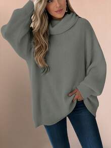New Women's Casual Fashionable Minimalist Solid Color Knitted Turtleneck Sweater, Autumn/Winter - Grey - View 5