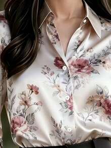 New Spring Fashion Women Satin Elegant Printed Blouse, Front Button Design, Suitable For Business Casual, Machine Washable Vacation - 混合色 - 查看 1